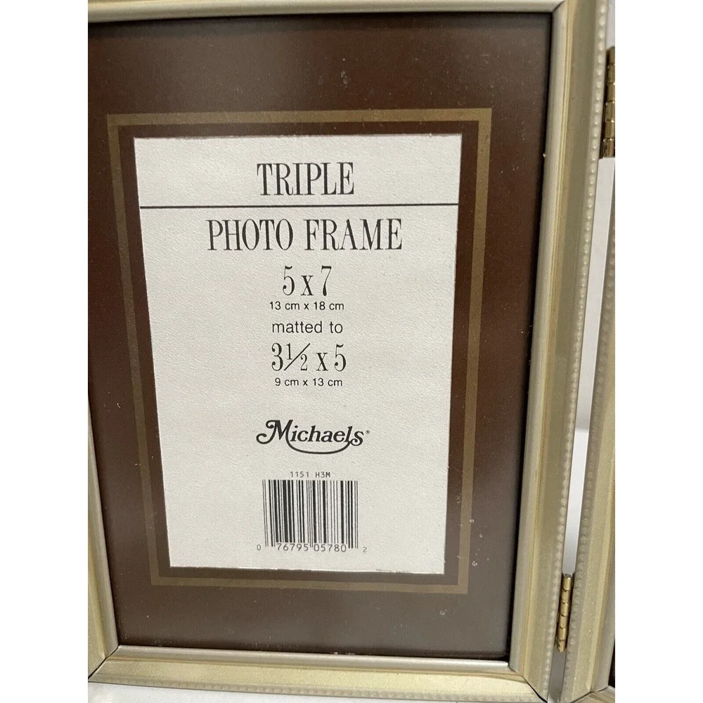 Vintage Tri-Fold 3 Picture Frame Ornate Gold Tone Hinged Metal Triple 5 X 7  NOS